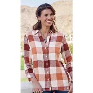 Soft Surroundings Carreaux Linen Plaid Shirt Rustic Mango Button Up NWT Small